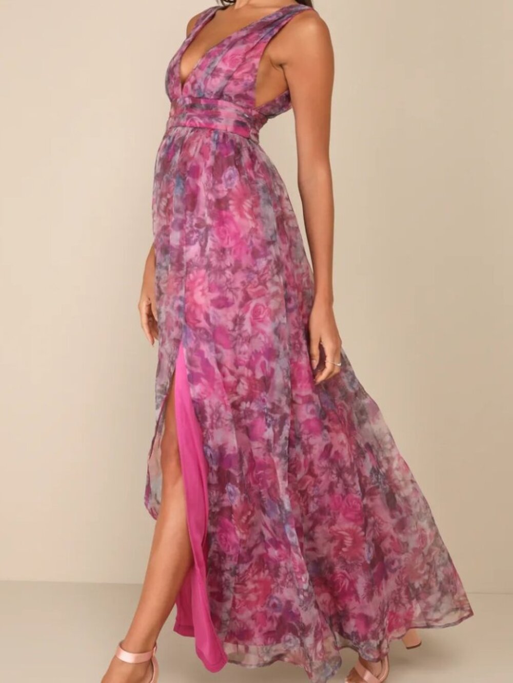 WOMEN'S LULUS GARDEN ROMANCE FLORAL PRINT ORGANZA MAXI DRESS (SIZE XL)